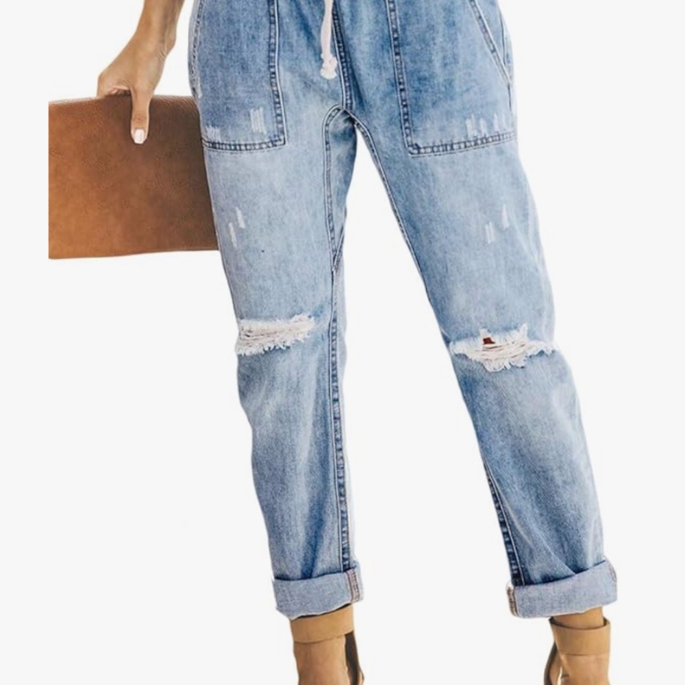 Casual Pull-on Distressed Stretch Jeans Elastic Waist Jean Denim Joggers Pants